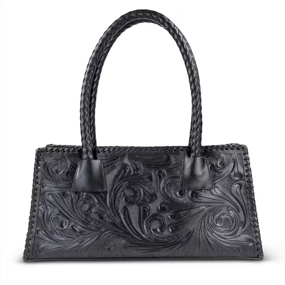 NEW genuine leather tooled handbag woven handles made in Mexico